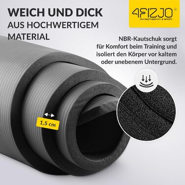 Фітнес-мат 4FIZJO 180x60 см, товщина 1.5 см, NBR піна, нековзний, для йоги, пілатесу, спорту (чорний) з ременем для перенесення