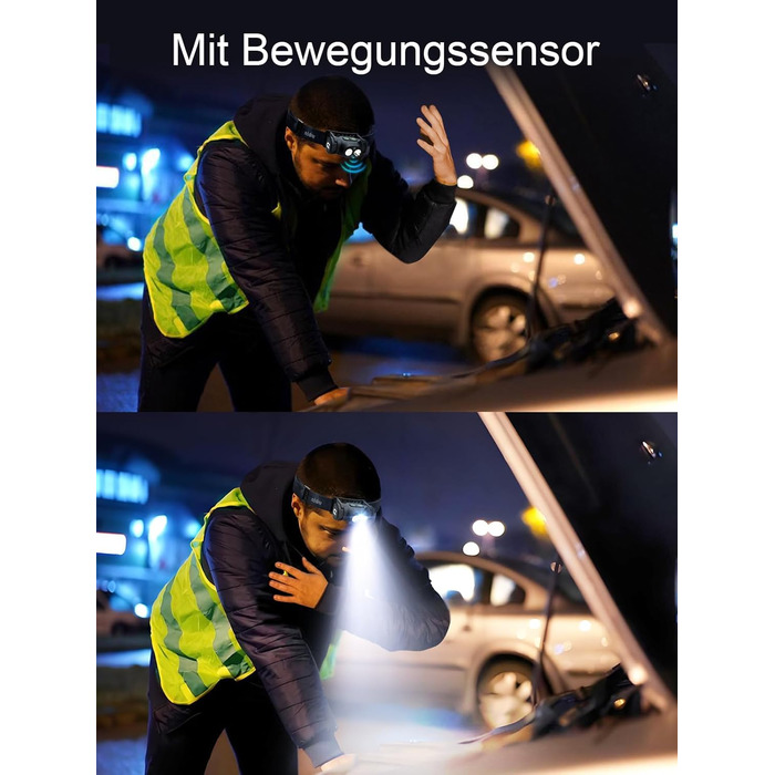 Налобний ліхтар UNBON LED акумуляторний, перезаряджається через USB-C, дуже яскравий, з регулюванням яскравості, 3 режими, сенсор, IPX4, вологостійкий, для туризму, риболовлі, 2 шт.