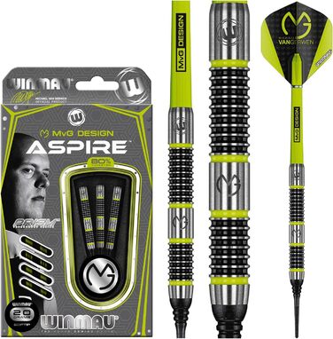 Дротики WINMAU Michael Van Gerwen Aspire 20 г, професійні, вольфрамові, для софттипу, з оперенням та стержнями