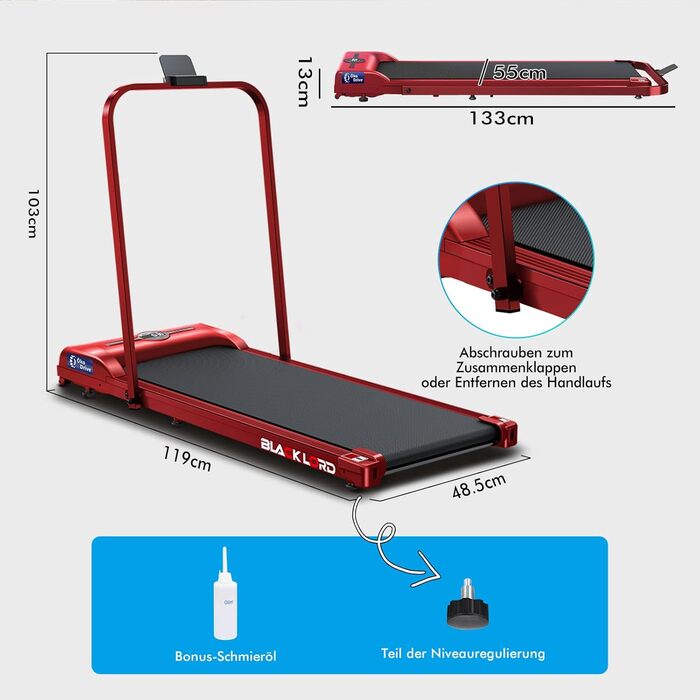 Інтелектуальний килимок для ходьби BLACK LORD SL9H - 2-в-1 для дому та офісу, з пульт та моніторингом даних, червоний (з ручками)