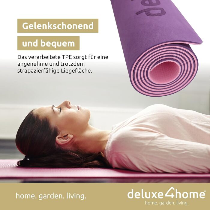 Двосторонній килимок для йоги та фітнесу deluxe4home, нековзний, з лініями вирівнювання, з ременем для перенесення, фіолетовий, для йоги, пілатесу та тренувань