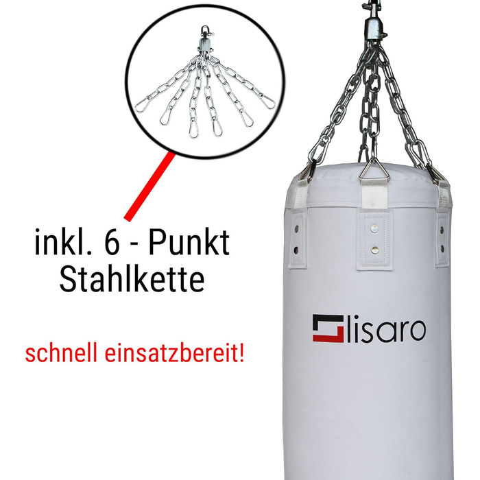 Боксерський мішок Lisaro Premium 120x35 см, 30 кг, наповнений, чорний/білий, для боксу, MMA, єдиноборств, з 6-точковим сталевим ланцюгом