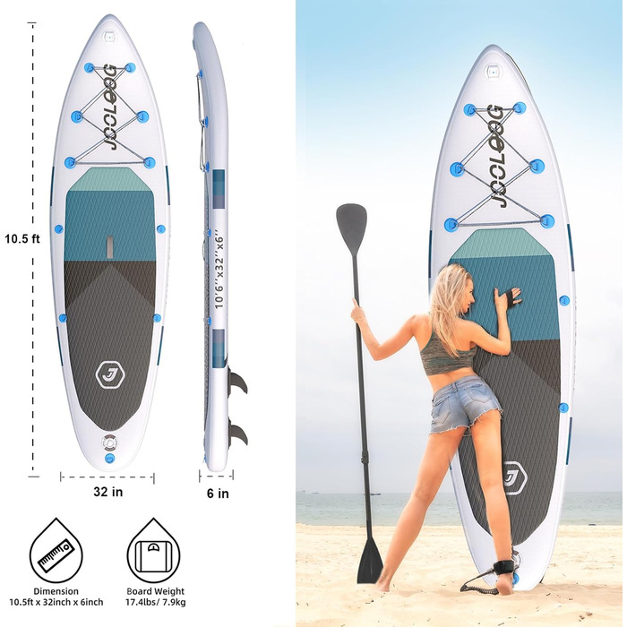 Надувний SUP Board JOOLOOG Stand Up Paddle Board 300 кг, 6 дюймів товщини, з аксесуарами для веслування для дорослих та підлітків, довжина 10'2/10'5', 320 x 81 x 15 см, зелено-сірий колір (білий/чорний з сидінням)