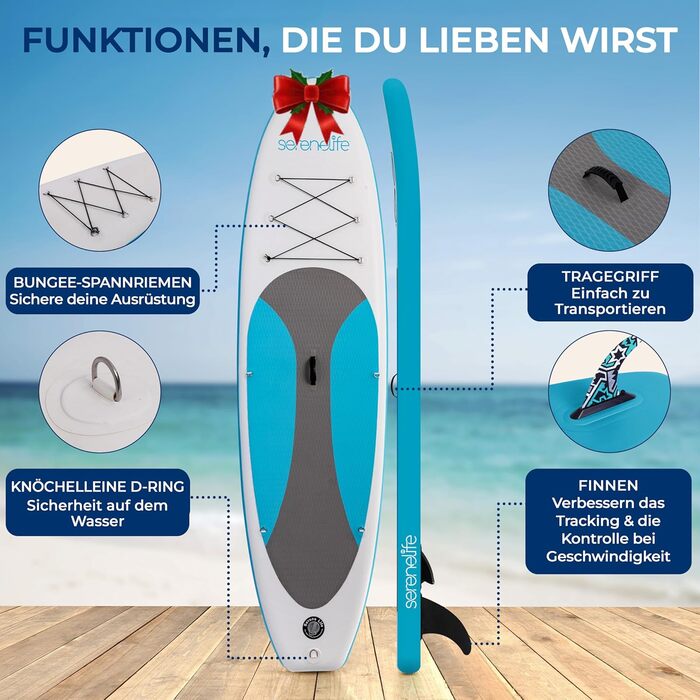 Надувний SUP СеренеЛайф для дорослих та дітей: комплект з веслом, насосом та сумкою. Touring SUP, рухлива дошка для плавання по морю, річці та озеру. Максимальне навантаження 155 кг, колір морської хвилі.