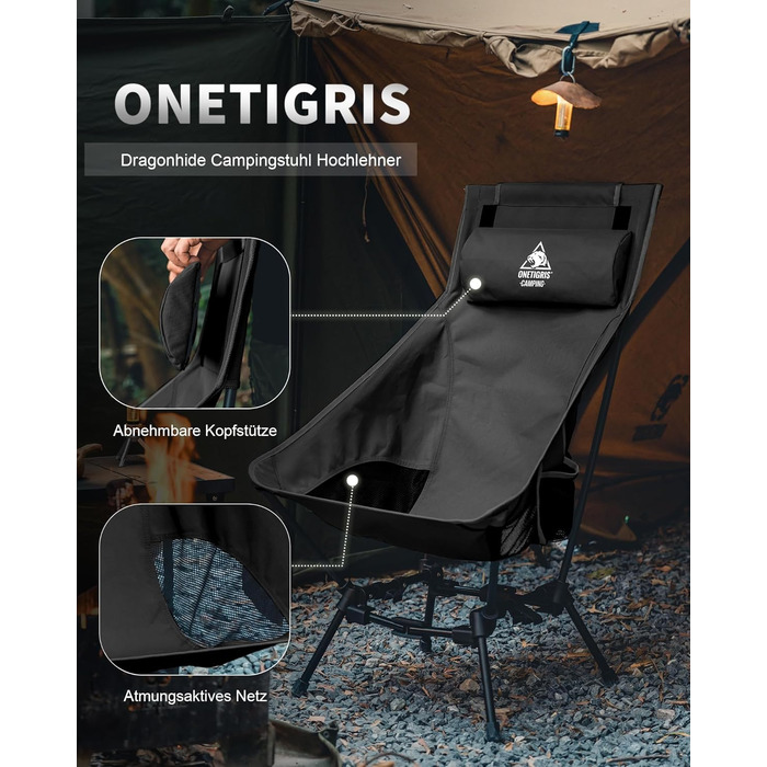 Стілець для кемпінгу OneTigris DRAGONHIDE, висока спинка, 125 кг, складний, легкий, для риболовлі з кишенями, ультралегкий для відпочинку на природі, туризму (чорний)