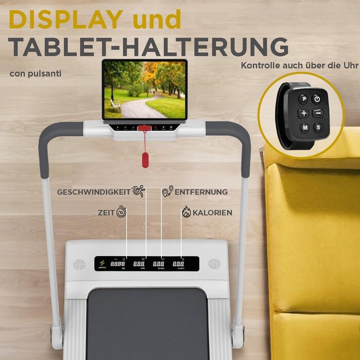 Електричний біговий тренажер ArtGo GIOTTO 2-в-1 з App KINOMAP/ZWIFT/BITGYM, Bluetooth, 6 програм, 1.5 PS (3 HP пік), легкий, компактний, білий/чорний