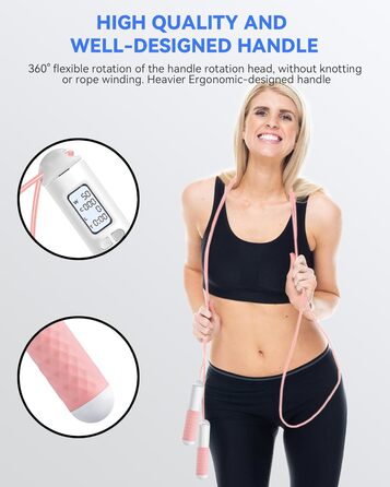 Стрибкове канат iMoebel з лічильником, регульований, швидкозмінний, сталевий трос, антиковзні ручки, підрахунок калорій, таймер для фітнесу, боксу, схуднення, кросфіту, рожево-білий