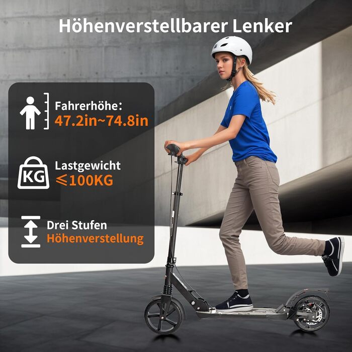 Роликовий самокат Uluck Roller Erwachsene для дорослих та підлітків, 200 мм, дискові гальма, складаний, з ременем та подвійною амортизацією (Чорний)