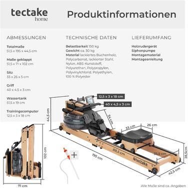 Гребний тренажер tectake з водяним опором та пульсоміром, складаний дерев'яний симулятор веслування для дому, до 150 кг