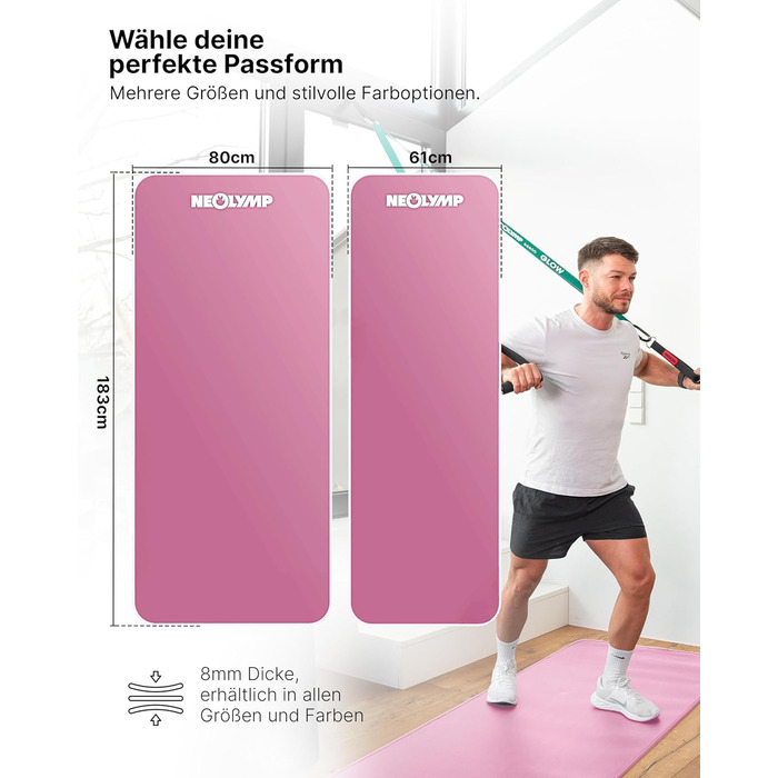 NEOLYMP Fitness Mat - Товста та неслизька фітнес-мат з E-book та ремінком - для йоги, пілатесу, тренувань (Рожева, 61 см)