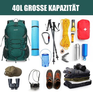Ультралегкий туристичний рюкзак BECOJADDE 40 л для чоловіків і жінок, водонепроникний, складаний, з відділенням для вологих речей, для походів, подорожей, велоспорту та альпінізму, зелений
