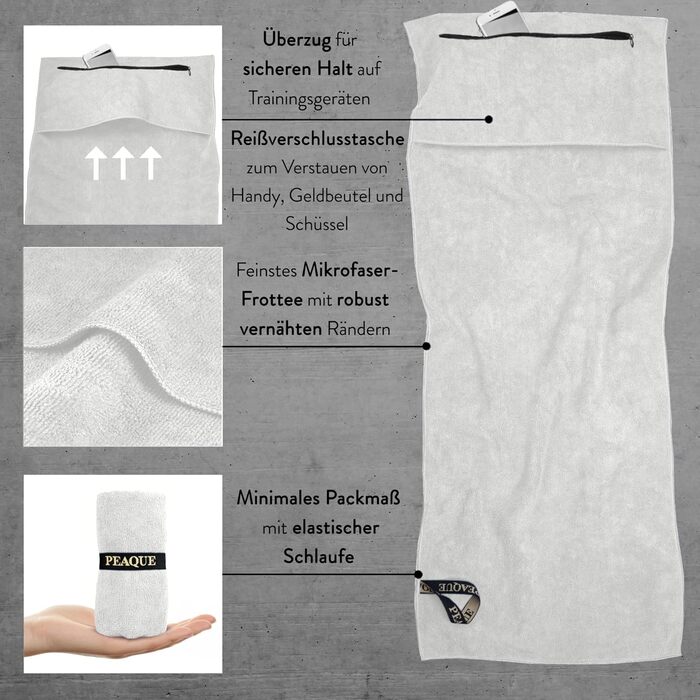 Рушник для фітнесу PEAQUE з кишенею на блискавці | Мікрофібра з фротте-структурою | Спортивний рушник для спортзалу та тренажерного залу | М'який, швидковисихаючий (120 x 50 см)