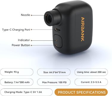 Електрична міні-насос для велосипеду AIRBANK POCKET SE, 100 PSI, портативний насос для шин, підходить для клапанів Schrader і Presta, з акумулятором
