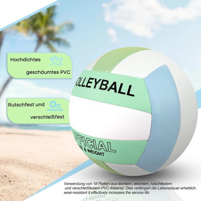 Волейбольний м'яч Bibykivn Official Size 5: водовідштовхуючий, з насосом, PVC-покриття, для пляжу, басейну та спорту (блакитно-зелений)