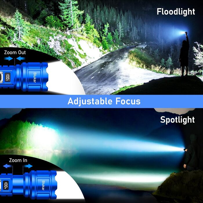 Ліхтар Blukar LED акумуляторний, 500000 люмен, тактичний, 5 режимів, IP67, водонепроникний, для кемпінгу та активного відпочинку (синій)