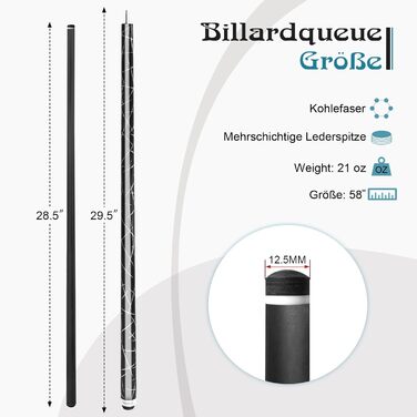 Біллярдний кий з карбону, 58 дюймів, наконечник 12.5 мм, 20/21 унцій, для аматорів та професіоналів, C4705-21OZ