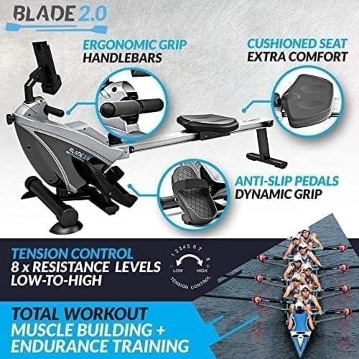 Складаний магнітний гребний тренажер Bluefin Fitness BLADE для дому з 8 рівнями навантаження, LCD-дисплеєм та підтримкою смартфона