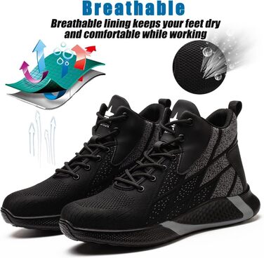 Черевики безпеки легкі чоловічі/жіночі робочі з металевим капом дихаючі антиковзкі черевики з металевим капом 35-48 EU (48 EU, Чорний)