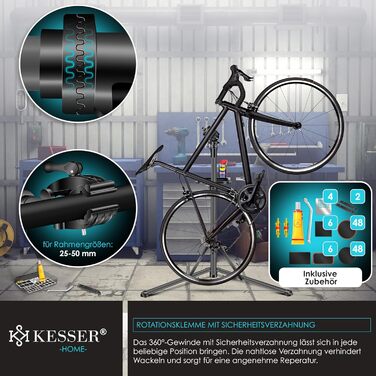 Підставка для велосипедів KESSER® Profi Alu: для ремонту та збирання гірських, електровелосипедів. 360° обертання, сумка, ремкомплект, магнітний органайзер для інструментів (антрацит)