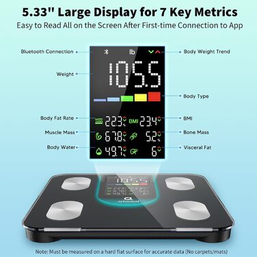 Вага Arboleaf для вимірювання жиру в тілі, аналіз складу тіла з LED-дисплеєм, Bluetooth, до 180 кг, чорний CS20L