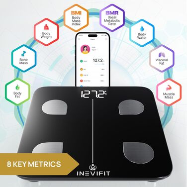 INEVIFIT Розумна ваги-аналізатор жиру, цифрова Bluetooth вага для ванної, вимірює вагу, жир, вісцеральний жир і кісткову масу, чорна