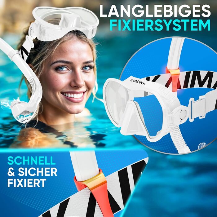Набір для снорклінгу KAIMANA® AquaVision Elite для дорослих з сумкою, зручна маска для снорклінгу, альтернатива масці для снорклінгу, маска з текстильним/силіконовим ремінцем (AVL Білий, Comfort - Strap)