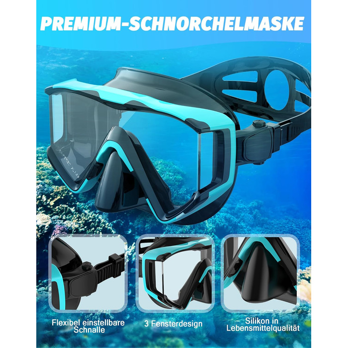 Набір для снорклінгу для дорослих: маска, трубка, регулятор. Зелений+Чорний