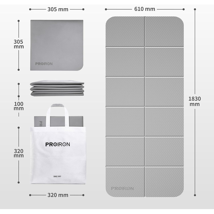 PROIRON Складаний йога-мат TPE 183x61x0,6 см, нековзкий, легкий, з сумкою, для фітнесу та пілатесу, сірий