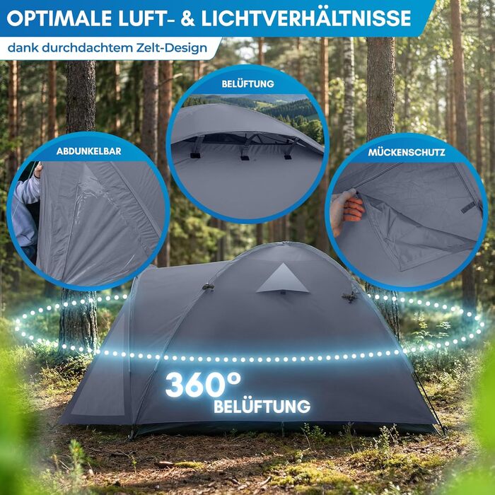 Намет кемпінговий NORDMUT Campingzelt для 2-4 осіб водонепроникний, сірий - купольний з тамбуром