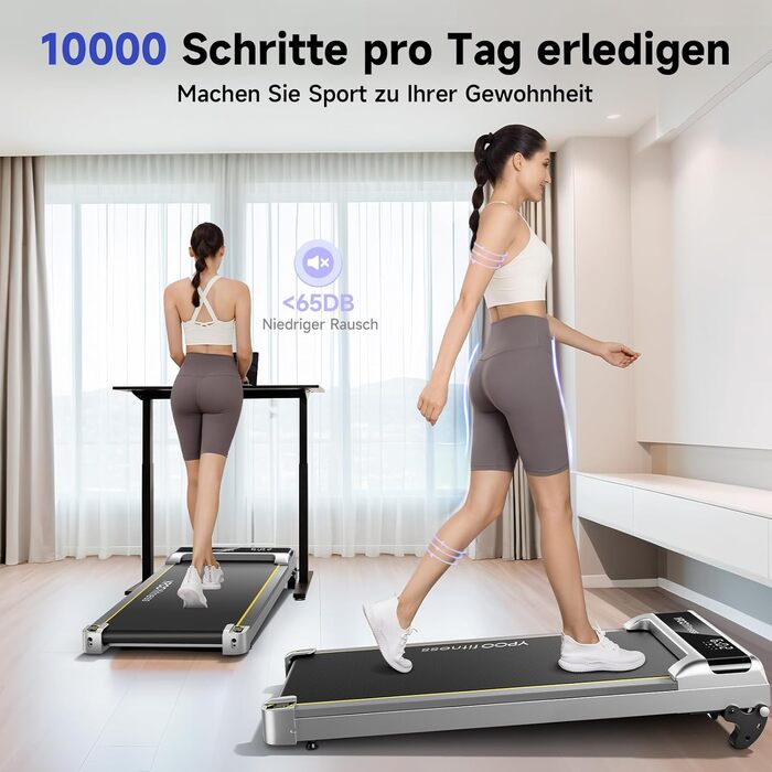 Walking Pad YPOO з регулюванням нахилу, 1-6 км/год: компактне бігове полотно для дому та офісу, до 140 кг, тихе, з LED-дисплеєм, пультом та APP, срібне
