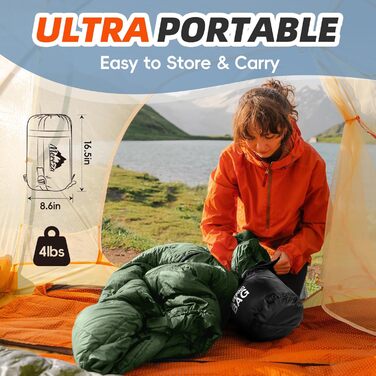 Сплячі мішки MEREZA XL для чоловіків та жінок. Великі, широкі, для кемпінгу. Теплі, з компресійним мішком, для холодної та теплої погоди.