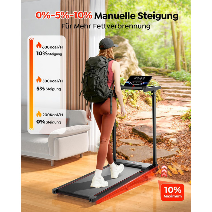 Електрична бігова доріжка для дому 12 км/год, 6 в 1, з регулюванням нахилу до 10%, 1080 мм, тримач для планшету, керування через додаток, тихий 2.5HP двигун, LED дисплей, чорний
