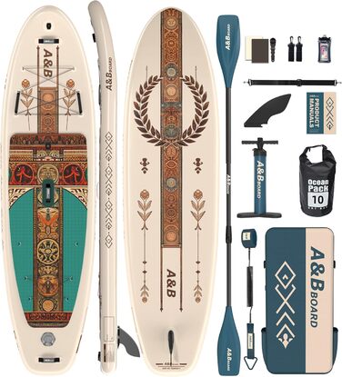 Надувний SUP-борд A&BBOARD з аксесуарами, 335x88 см, для підлітків та дорослих (Бежевий + Класичний)