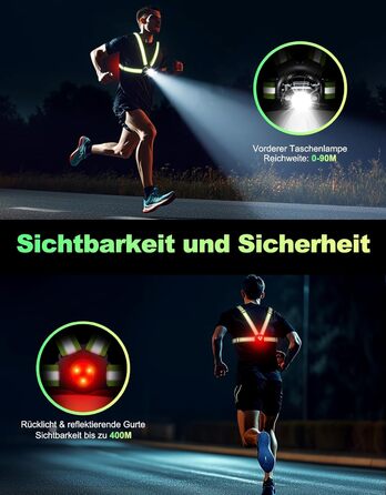 Лампа для бігу Lauflampe Joggen: нагрудна лампа з проблисковим світлом, 500 люмен, кут нахилу 45°, 2 кольори світла, USB-C, IPX4, подвійний ремінь з 360° світловідбивачами для кемпінгу, активного відпочинку, велоспорту (без заднього ліхтаря)