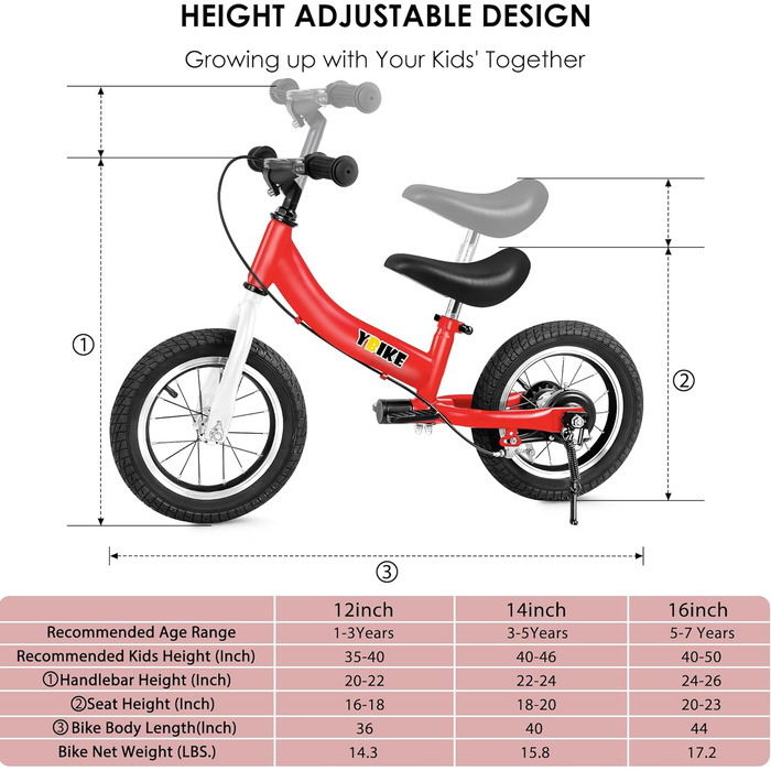 Дитячий велосипед YBIKE 2-в-1: біговел та велосипед, 12/14/16 дюймів, з гальмами та педалями, для дітей 1-7 років (червоний, 14 дюймів)
