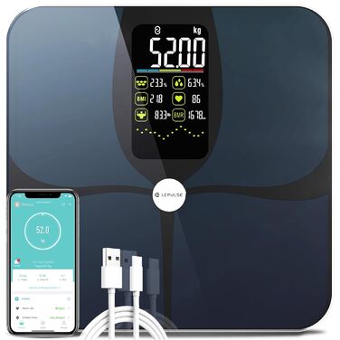 Розумна вага Lepulse F4 Pro з аналізом складу тіла, вимірюванням жиру та м'язової маси, 15 показників, велике дисплей, підключення до додатку, акумуляторна, чорна
