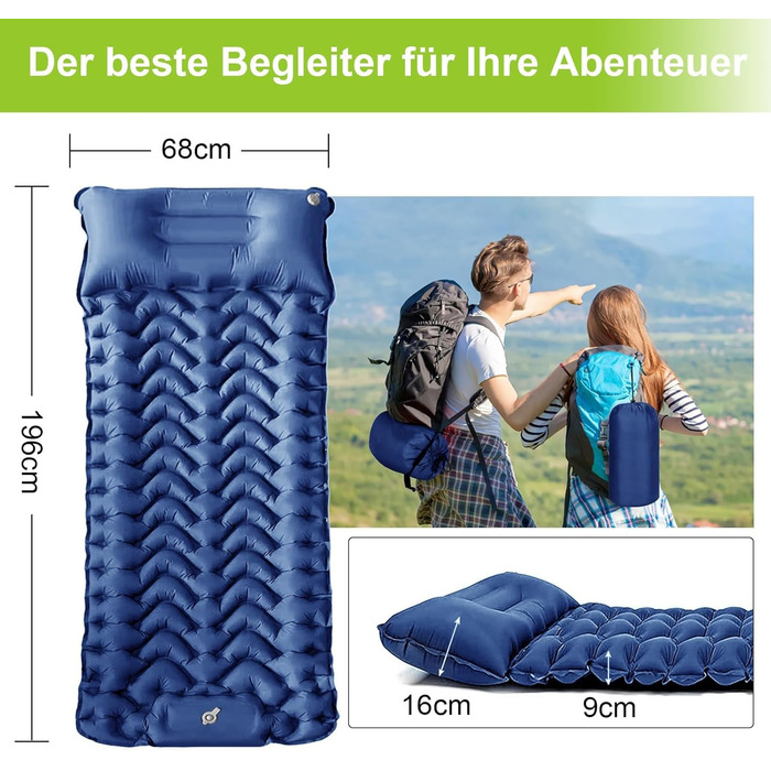 Каремат туристичний самонадувний Cunbayi з інтегрованими подушками та насосом. Підходить для кемпінгу, походів, пляжу та подорожей. Синій колір.