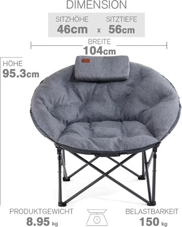 Крісло для кемпінгу EVER ADVANCED Luxus Moonchair XXL: широке, з подушкою, 150 кг, сіре