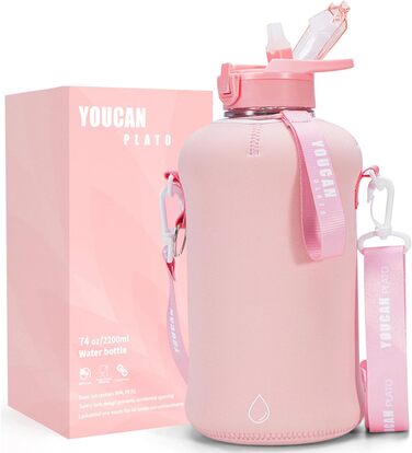 Пляшка для води Youcan Plato 2 л з трубочкою і чохлом, спортивна фляга для фітнесу, BPA Free, для газованої води, рожева
