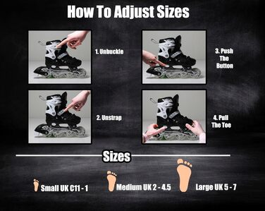 Регульовані роликові ковзани з підсвічуванням коліс для дітей та дорослих – роликові ковзани Inline, чорно-білі