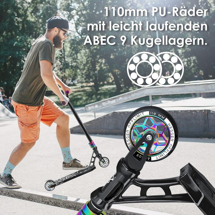 Трюковий самокат KESSER GT-Limit 360° для дітей і дорослих, з підніжкою, підшипники ABEC 9, 110 мм PU колеса, міський самокат для трюків