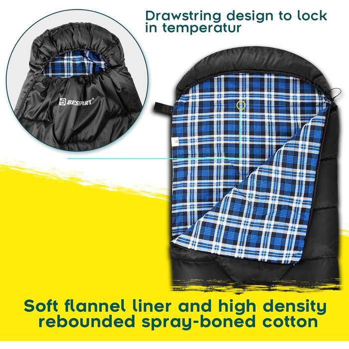 Спальний мішок Bessport фланелевий для кемпінгу 3-4 сезони - 10°C-20°C | Зимовий, легкий, водонепроникний та теплий спальний мішок для дорослих та дітей, для рюкзакових подорожей, кемпінгу, походів та подорожей. Фланелевий, синьо-зелений (-5°C) (фланелеви