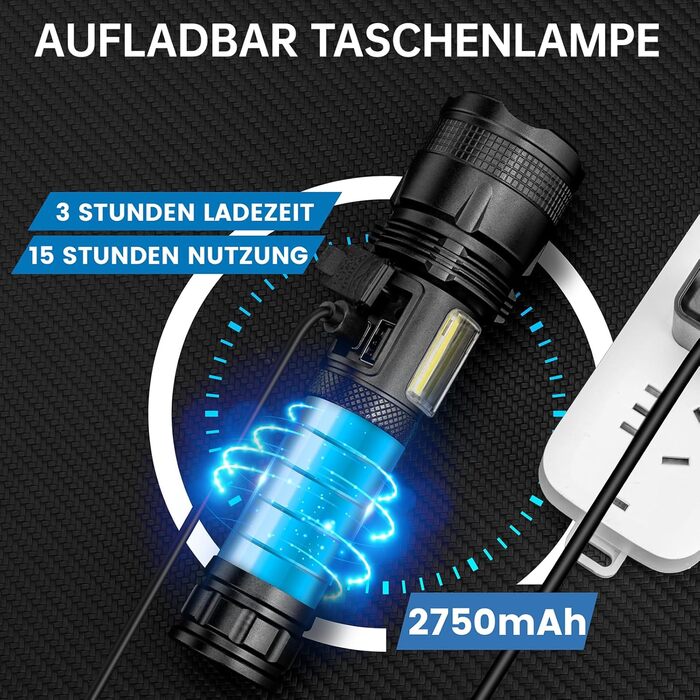 Тактичний ліхтарик Zeusfire LED, 2 шт., 100 000 люмен, 7 режимів, водонепроникний IPX7, для кемпінгу та туризму, чорний