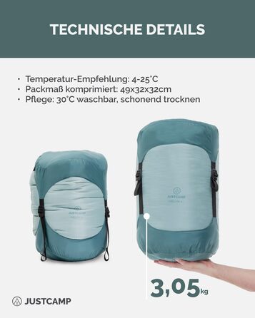 Спальний мішок Justcamp Melvin XXL 4 сезони для дорослих, м'ятний колір