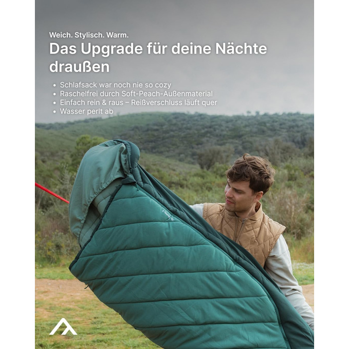 Спальний мішок Qeedo Buddy XL 8 XXL, надширокий, Outdoor літній (8-25°C) 3 сезони - для дорослих та юнаків (до 220см), поверхня Peach Skin, колір Pinegreen