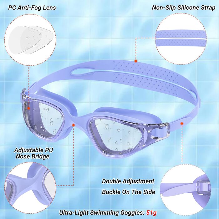 Окуляри для плавання Schwibrille з HD-лінзами, антифог, UV-захист, герметичні, зручні - для дорослих, басейн/відкрита вода, фіолетові