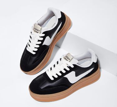 Жіночі кросівки на платформі LUCKY STEP – модні масивні кросівки, зручні шнурівки для повсякденного носіння та прогулянок з прошитими деталями, чорно-білі, 38 EU