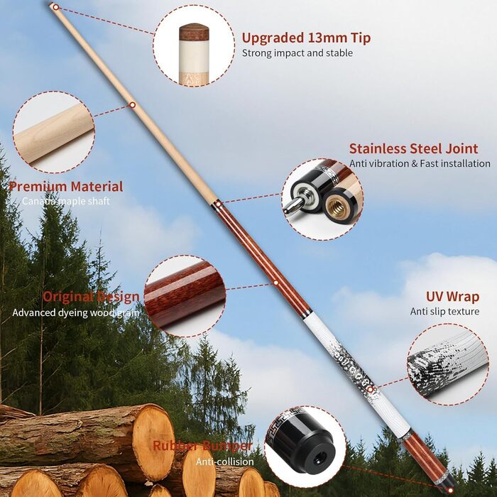 AKLOT Більярдний кий професійний з телескопічним подовженням, канадська береза, кейс, 147 см (58''), 538-595 г