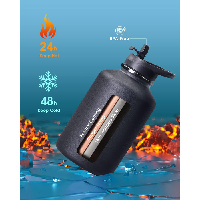 Термос-бутилка Coolflask 2 л з нержавіючої сталі з PU-чохлом, ізольована пляшка для води з кришкою та трубочкою, тримає холод 48 годин і тепло 24 години, чорна Polar