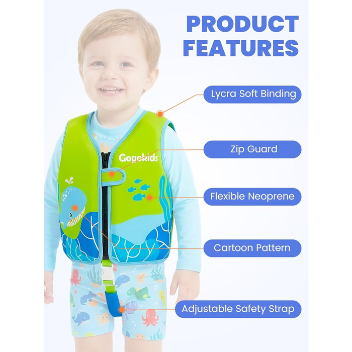 Дитячий жилет для плавання Gogokids 15-30 кг, для навчання плаванню, 1-8 років, зелений S (1-3 роки)